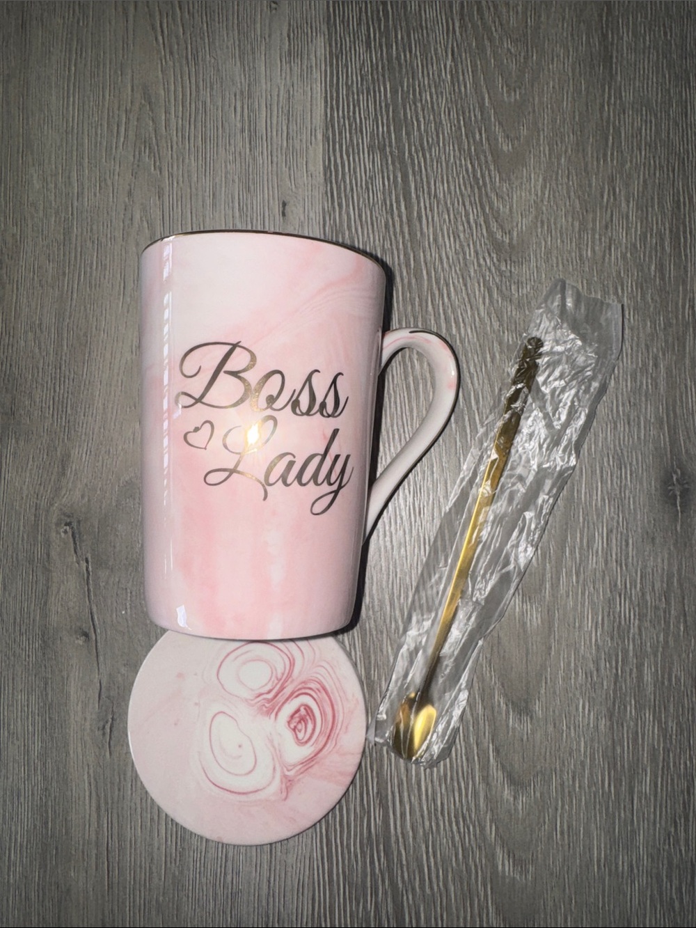 Boss Lady Pink Ceramic Mug with Gold Spoon